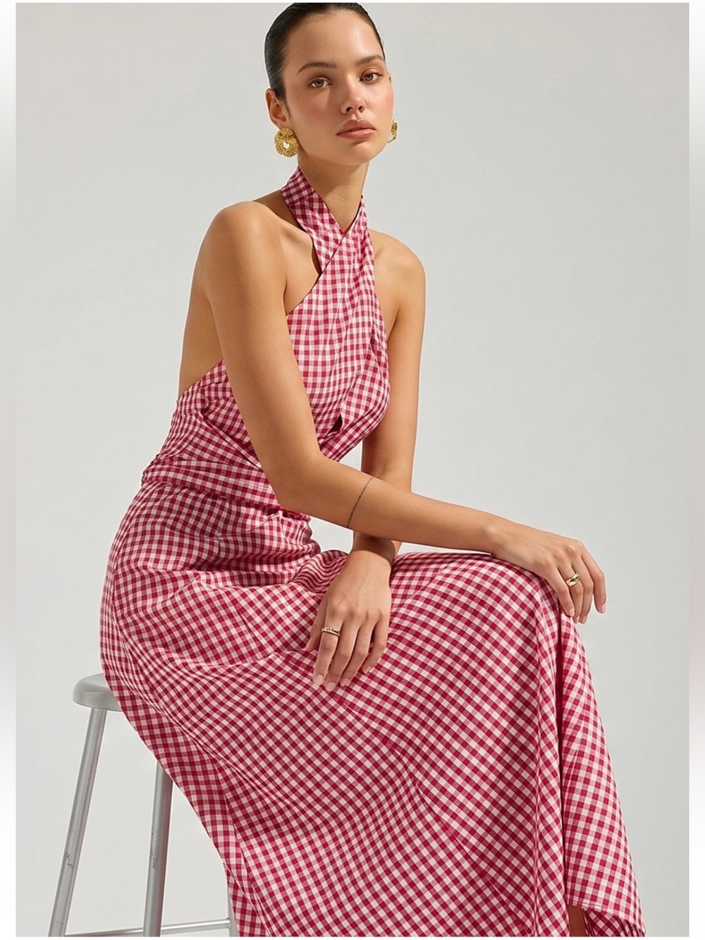 Commense Gingham Deep V Halter Cotton Midi Dress Size XLNWT